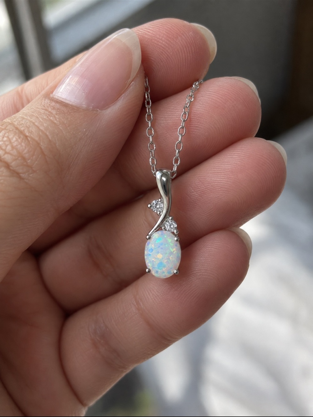 White Opal Solitaire Pendant Necklace Silver Oval 8MM October Birthstone 16-18”